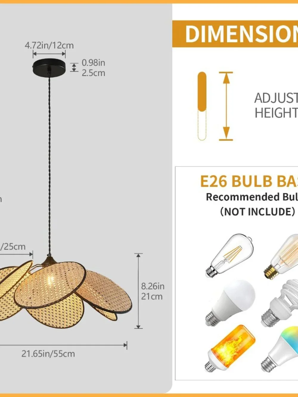 ADCTHOME 376-1 Boho Hemp Rope Rattan Pendant Light for Kitchen Bedroom